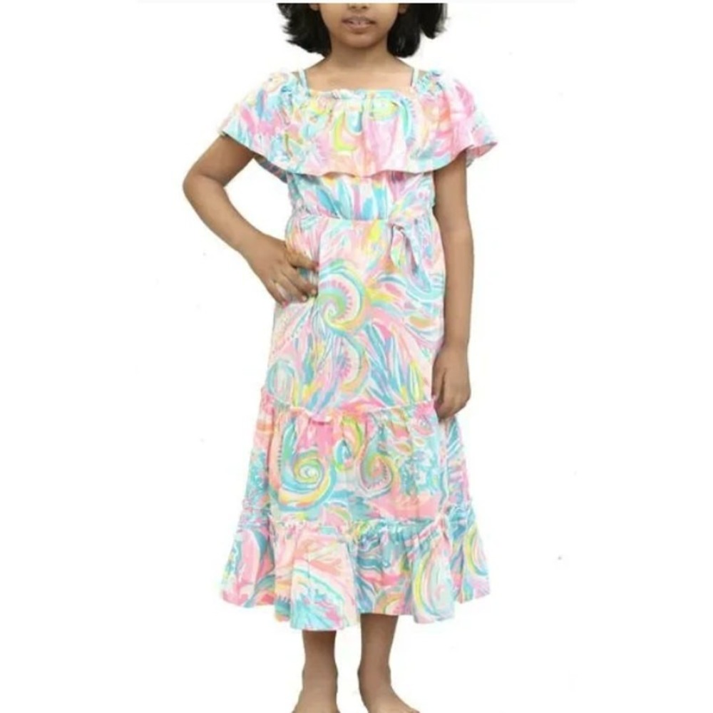 Lilly Pulitzer Seraphina Maxi Dress Girls S 4-5 Pink Coral Carnival Off Shoulder